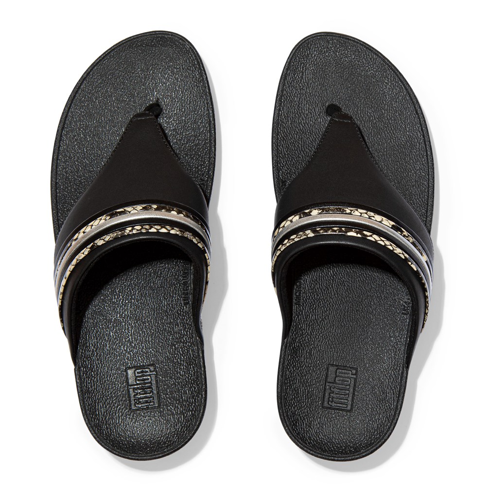 Fitflop Womens Sandals - Olive Snake-bangle Leather Toe-post - Black - 524-WATGKY